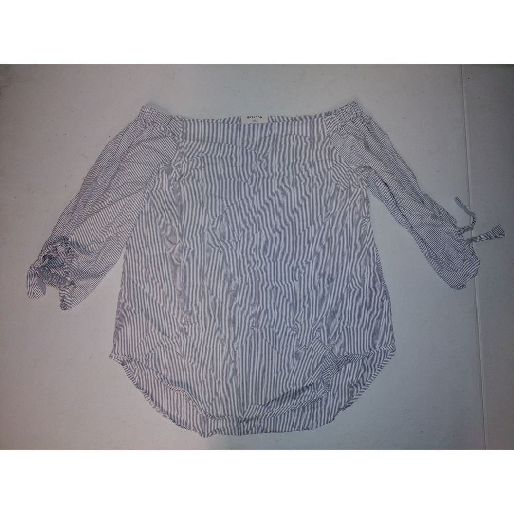 Babaton Blue‎ White Pinstripe Off Shoulder Tie Cuff Cotton Blouse XS
